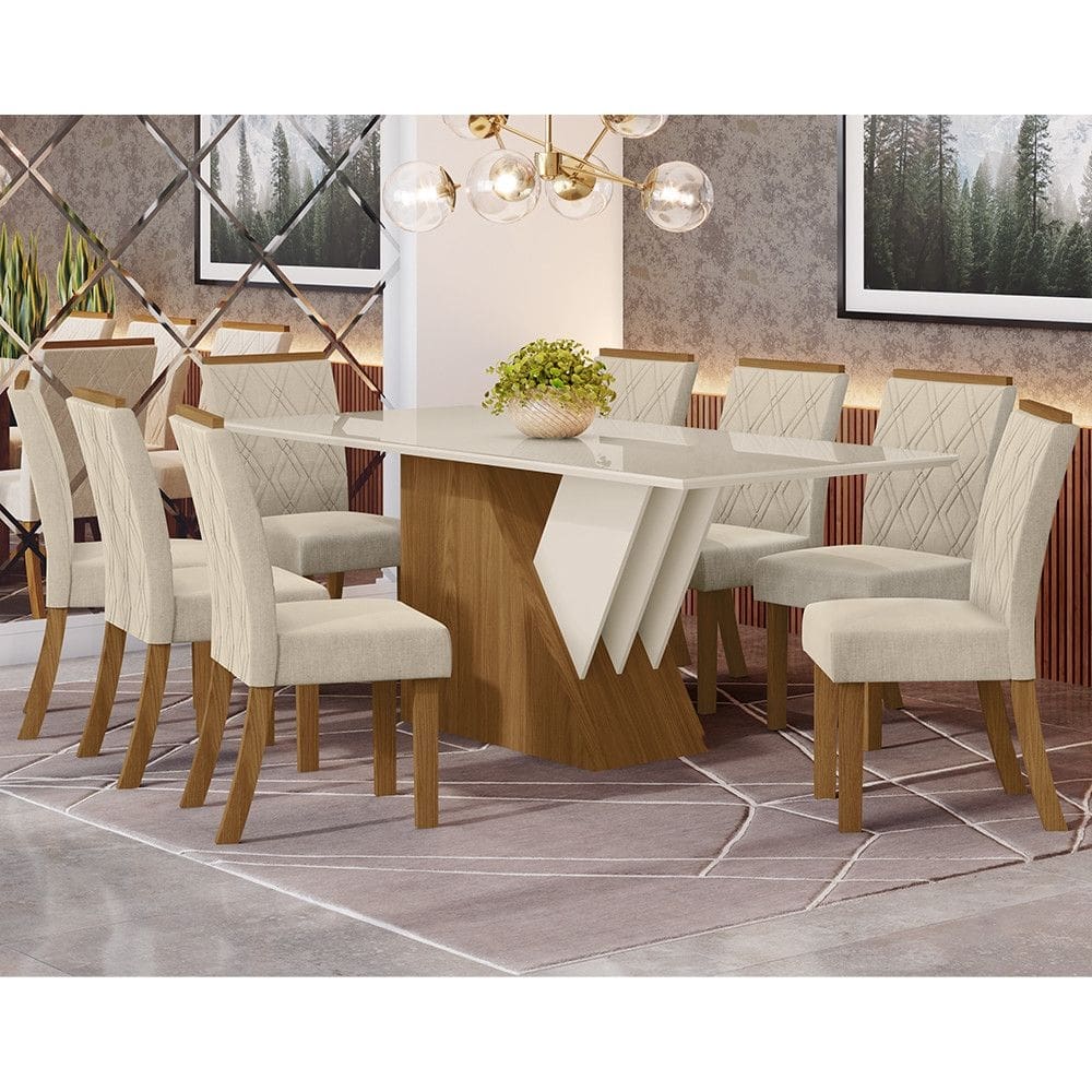 Conjunto Sala de Jantar Tampo MDF Canto Reto com Vidro 200 Cm 8 Cadeiras Cecily Henn