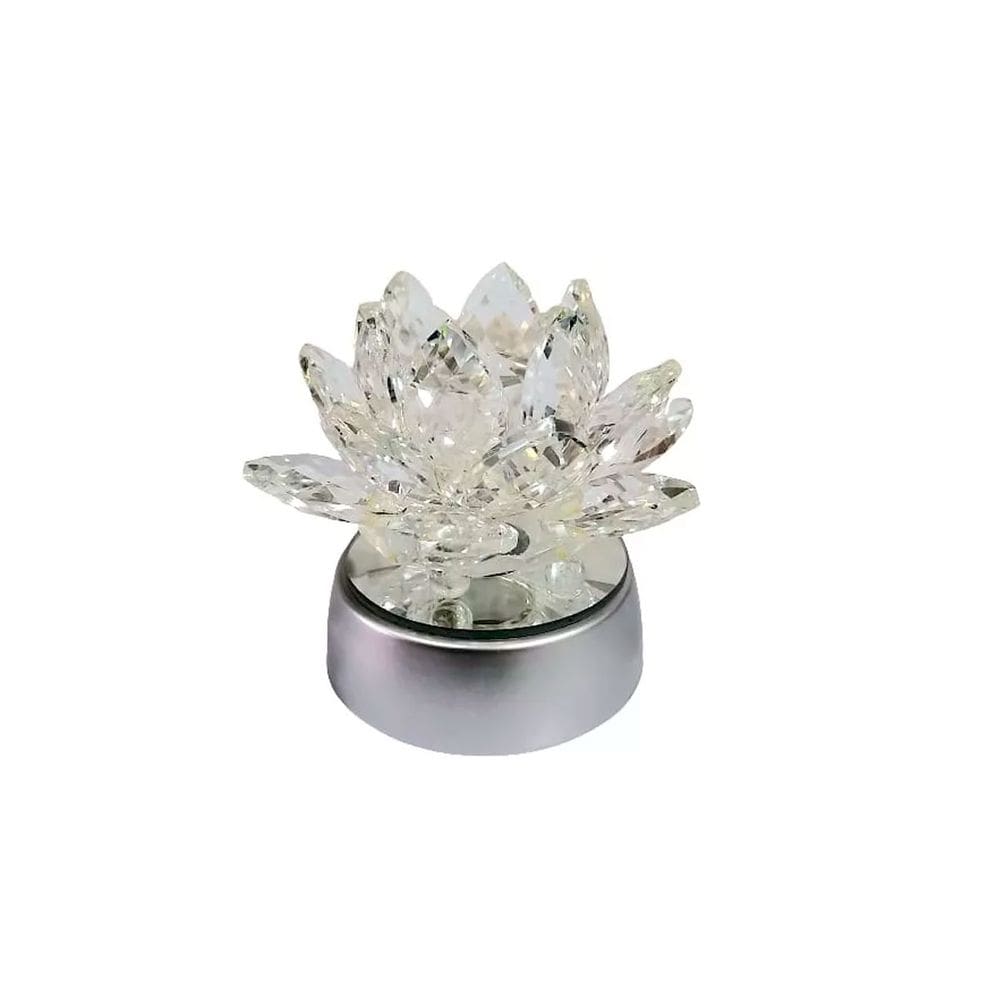 Enfeite Escultura de Vidro Flor de Lotus de 13CM Com Base Espelhada Led RGB Enfeite de Cristal