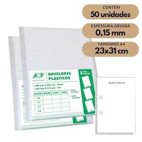 Envelope Saco Plástico A4 Acp 0,15Mm 2 Furos C/50 Grosso