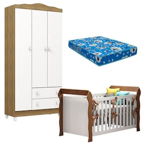 Berço Americano Lara e Guarda Roupa Infantil Mel Flat 3 Portas Branco Acetinado Amadeirado com Colchão Ortobom - Carolina