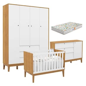 Quarto de Bebe Unique 4 Portas com Cômoda Sapateira Freijó Branco Soft Eco Wood e Colchão Gazin - Matic