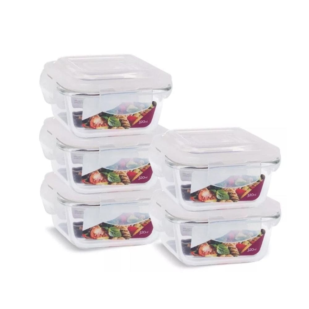 Kit 5 potes vidro hermético trava quadrado 320ml marmita
