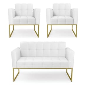 Kit 1 Sofá Namoradeira E 2 Poltronas Elisa Corino Base Metálica Industrial Dourado - D`rossi Cor Branco