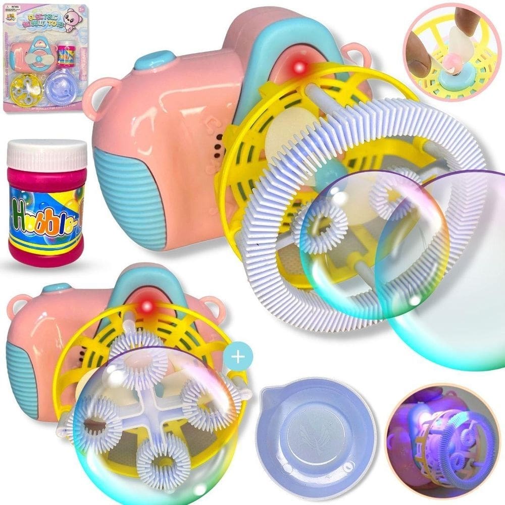 Brinquedo lança bolhas de sabão câmera fotográfica com luz