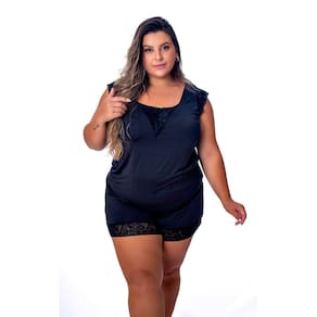 Pijama IMI Lingerie Baby doll Short Doll Renda Conforto Luxo Plus Size Diva Preto