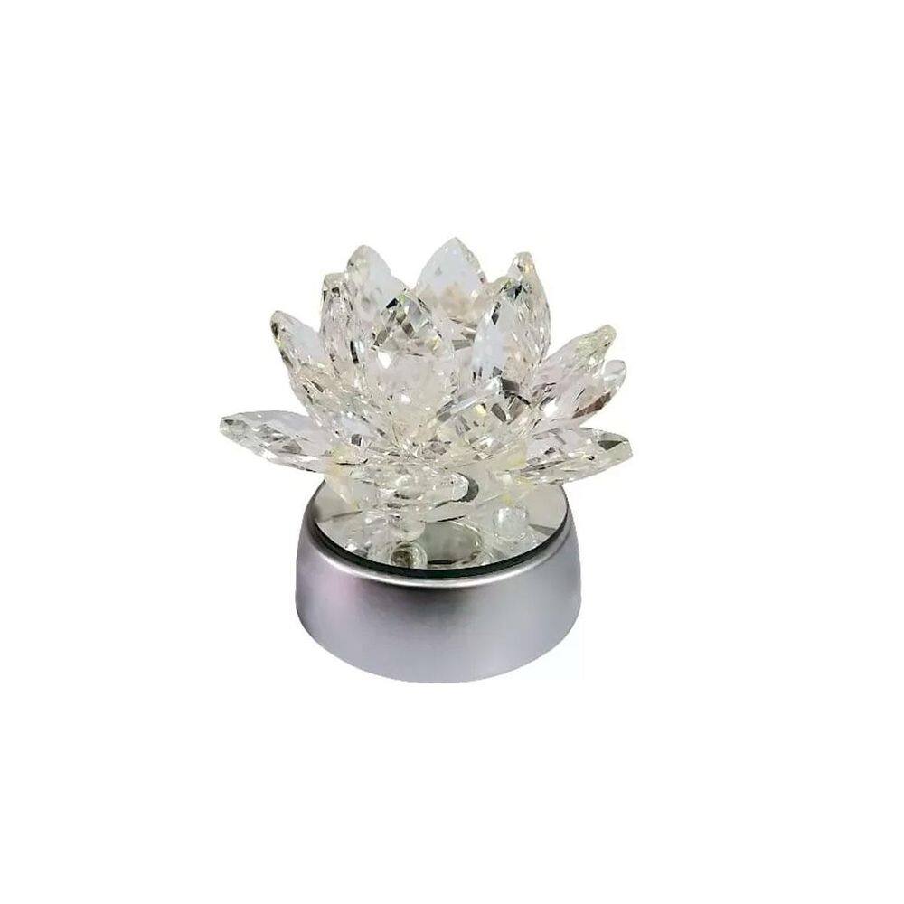 Enfeite Escultura Vidro Flor Lotus 13Cm Base Espelhada Led
