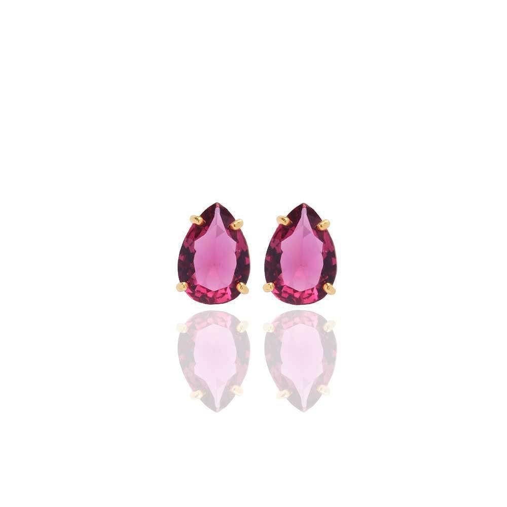 Brinco Gota Pedra Fusion Pink Folheado A Ouro