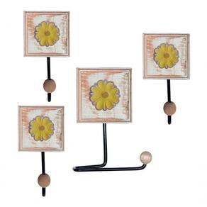 Kit Para Banheiro Com 3 Toalheiros E 1 Porta Papel Higiênico Rustico Flor Vermelha Cor Amarelo