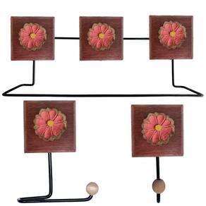 Kit Banheiro 3 Peças Toalheiro Cabideiro Porta Papel Papel Com Flores Coloridas Cor Rosa