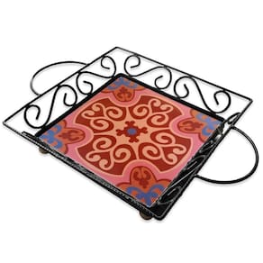 Fruteira De Mesa Bandeja Ferro E Azulejo Quadrada Premium Cozinha Azulejo G4