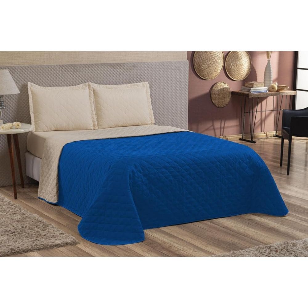 Cobre leito queen azul/cáqui 4 peças las vegas com lençol
