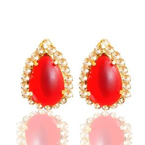Brinco Delicado Gota Vermelho Com Strass Folheado A Ouro 18K
