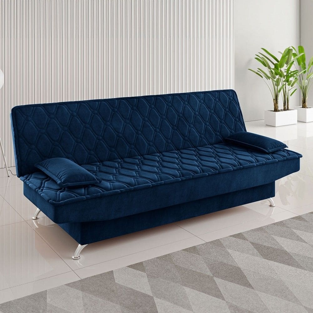 Sofá Cama 3 Lugares Polaris Retrátil Veludo Azul - Viero Móveis