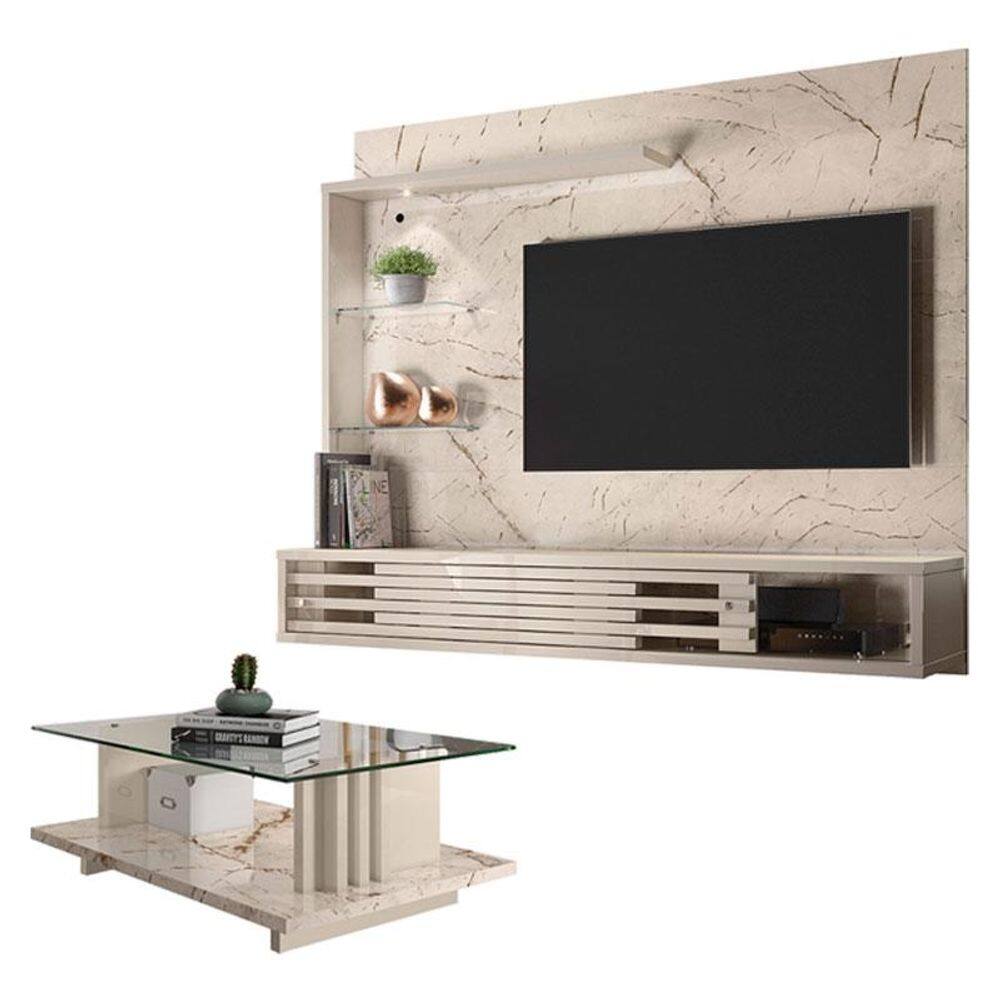 Estante Home Theater Suspenso com Mesa de Centro Frizz Select Calacata Off White – Madetec