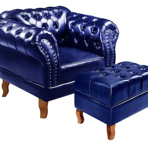 Poltrona com Puff Decorativo Chesterfield Capitonê Dom Pedro Azul