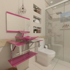 Gabinete de Vidro 80cm Inox com Cuba Quadrada Rosa