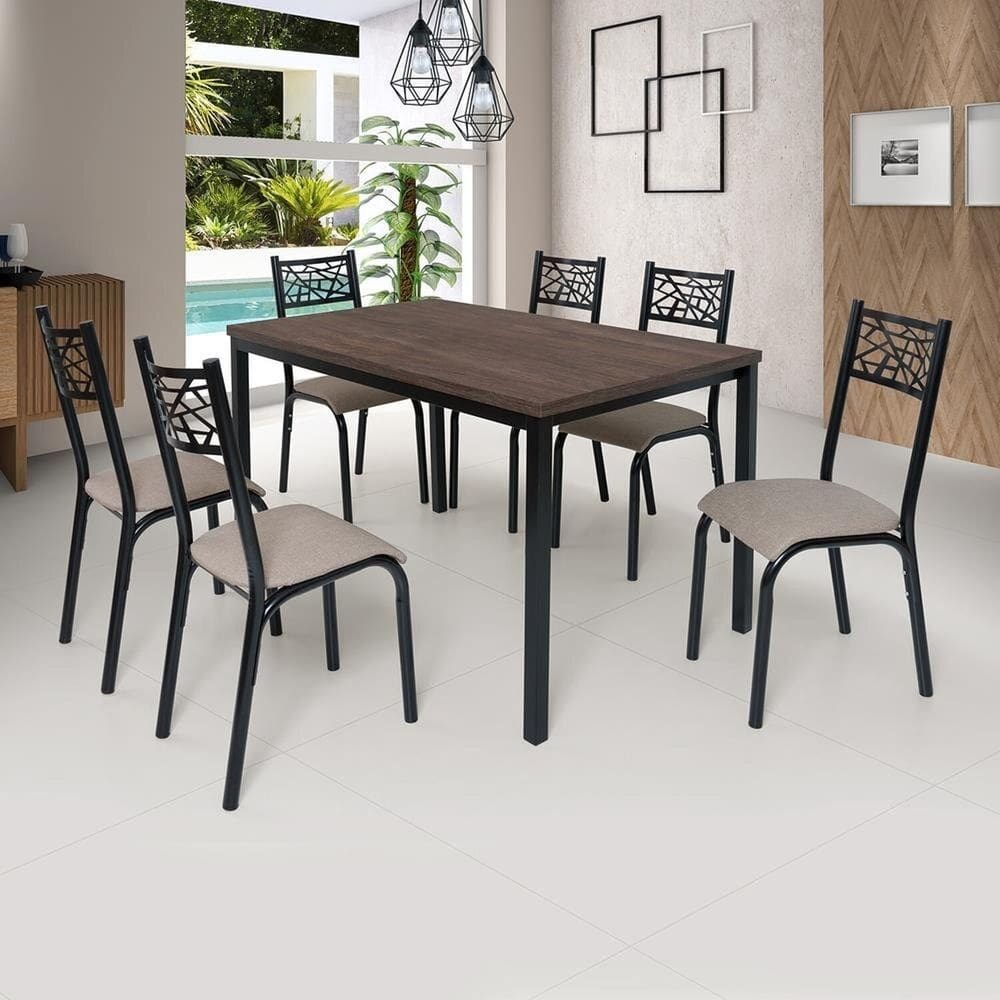 Conjunto Jade Flex 1,36m Tampo Laminado com 6 Cadeiras Preto Fosco/Bege/Amendoa