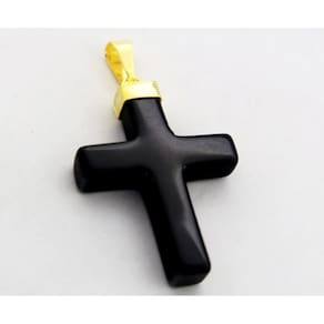Colar Crucifixo Quartzo Preto Pedra Natural Envolto Dourado