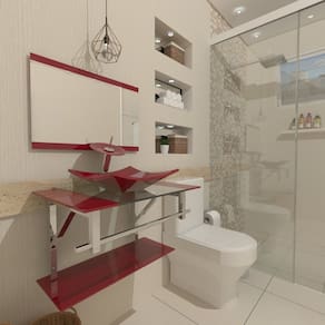 Gabinete de Vidro 80cm Inox com Cuba Quadrada Vermelho Cereja