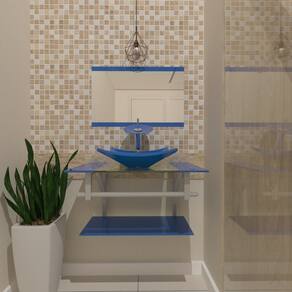 Gabinete de Vidro 60cm Inox com Cuba Quadrada Azul