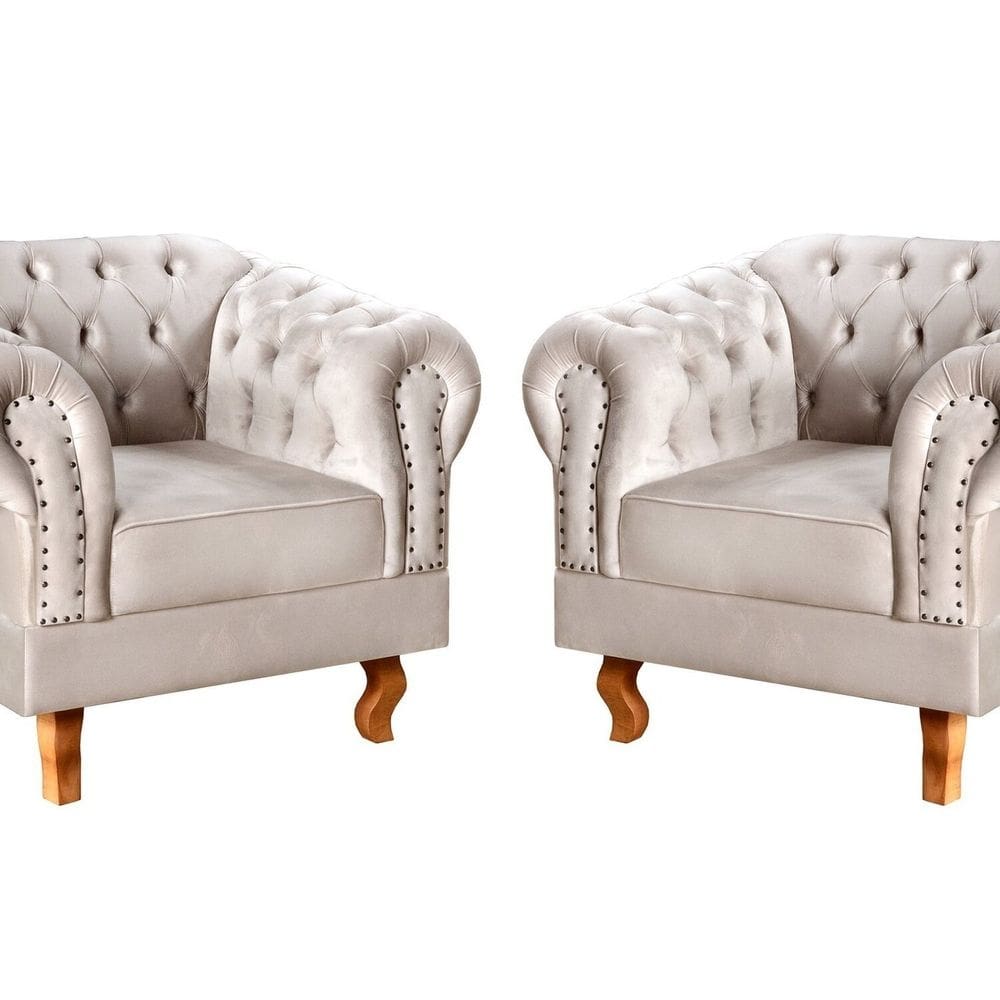 Conjunto 2 Poltronas Chesterfield Dom Pedro Decoração Sala Recepção Retrô Bege Claro