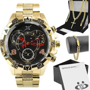 Relogio masculino aço dourado caixa pulseira analogico ponteiro mostrador preto grande religioso