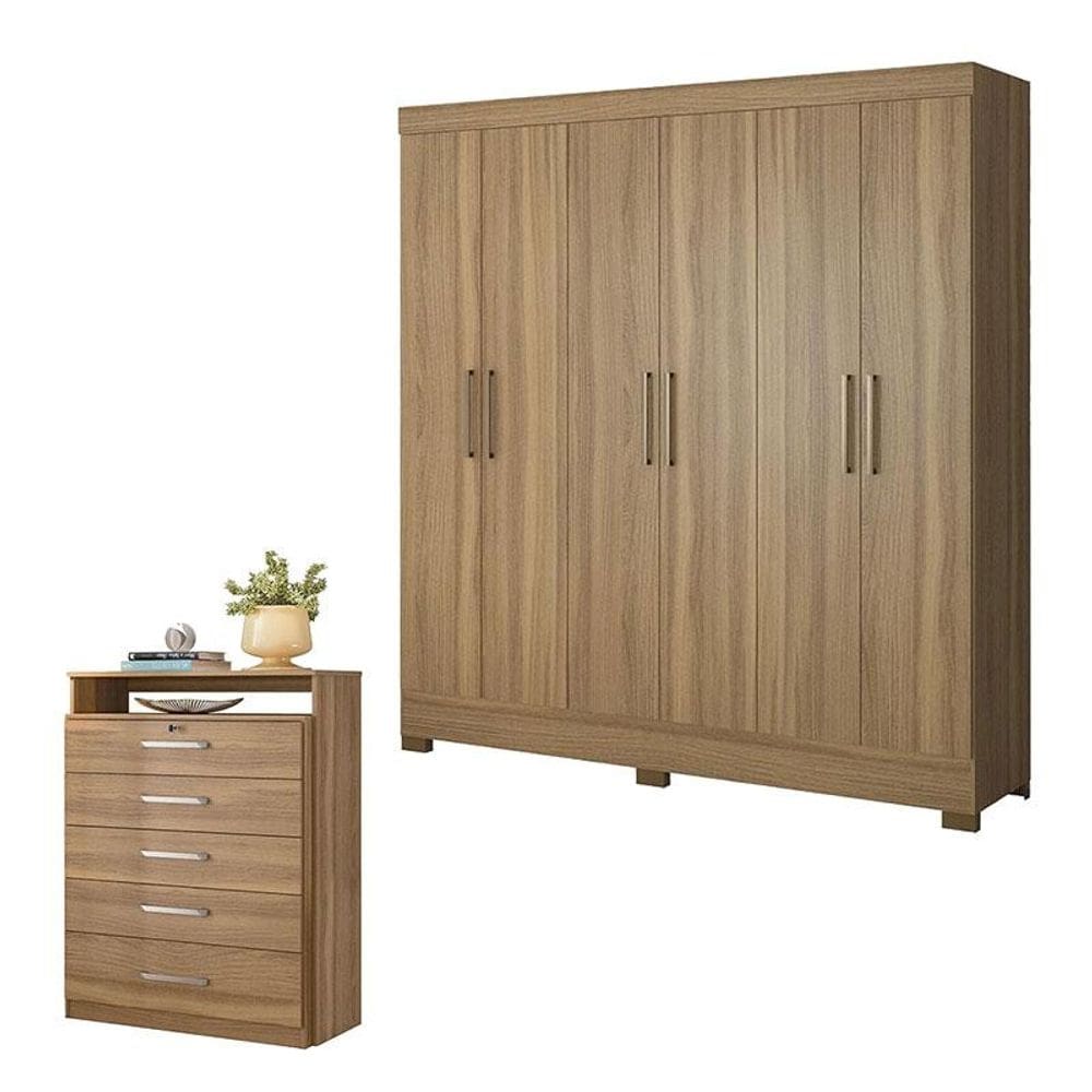 Cômoda Triunfo e Guarda Roupa Casal Prático Amêndola Touch - Demóbile