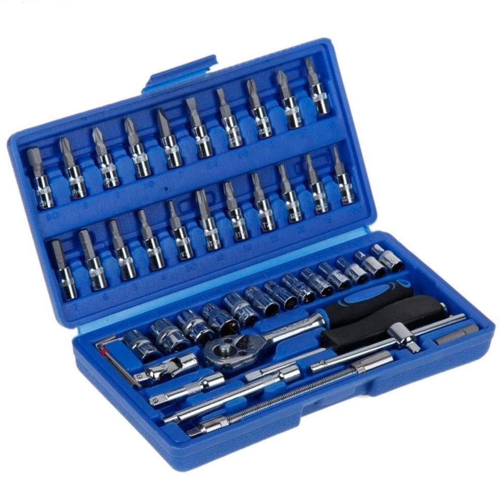 Jogo soquete aço crv1/4 kit catraca 46 peças chave allen
