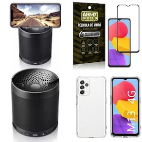 Capinha galaxy m13 + som bluetooth potente q3 + película 3d