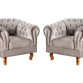 Conjunto 2 Poltronas Chesterfield Dom Pedro Decoração Sala Recepção Retrô Cinza Capuccino