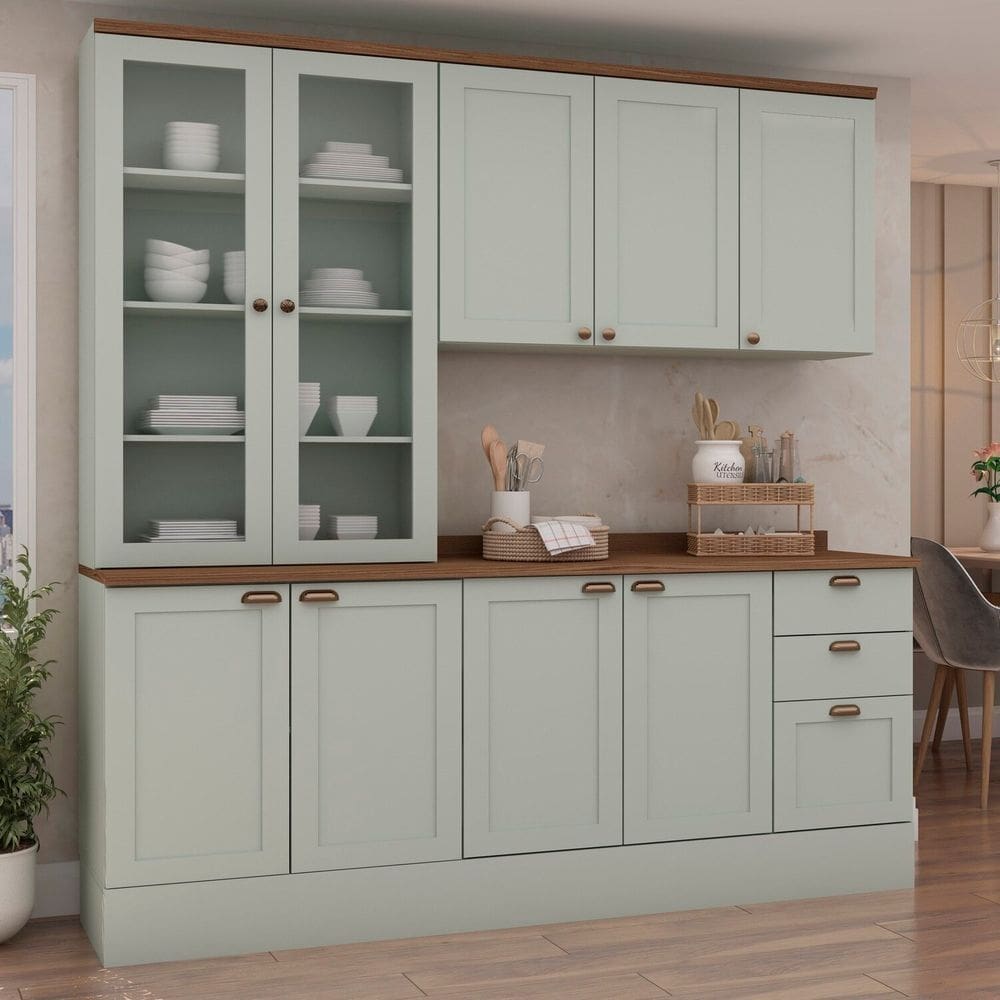 Cozinha Modulada Compacta 4 Peças com Armário Aéreo 2 Portas Vidro 100% Mdf com Tampo Mint/Ébano