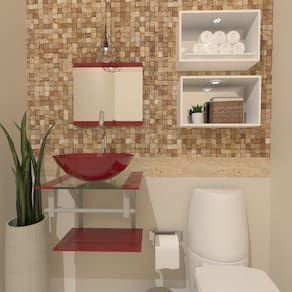 Gabinete de Vidro 45cm com Cuba Redonda Vermelho