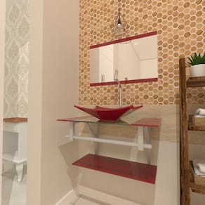 Gabinete de Vidro 70cm Inox com Cuba Retangular Vermelho Cereja
