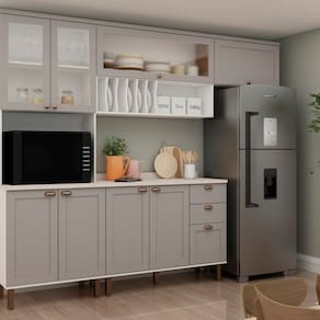 Cozinha Completa com Cristaleira Forno sem Tampo 100% Mdf Iluminata Branco/Cinza
