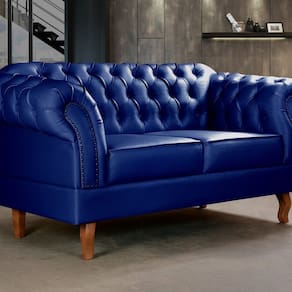 Sofá 2 Lugares Decoração Sara Recepção Dom Pedro Chesterfield Sintético Azul