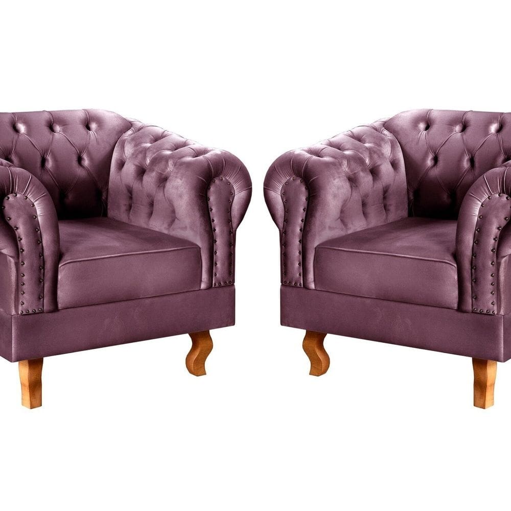Conjunto 2 Poltronas Chesterfield Dom Pedro Decoração Sala Recepção Retrô Roxo