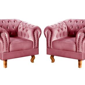 Conjunto 2 Poltronas Chesterfield Dom Pedro Decoração Sala Recepção Retrô Rosa