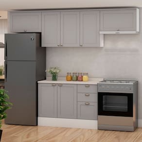 Cozinha Modulada 4 Peças 1 Balcão com Tampo Impermeável e 2 Aéreos 100% Mdf Branco/Cinza