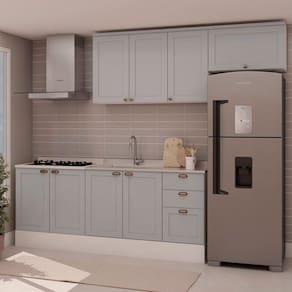 Cozinha 4 Peças com Aéreo para Geladeira e Balcão com Tampo Impermeável para Cooktop 100% Mdf Branco/Cinza