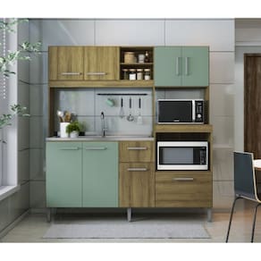 Cozinha Compacta 186cm com 8 Portas, 1 Gaveta e 3 Nichos 2203 Carvalho Dakar / Verde Bellagio
