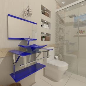 Gabinete de Vidro 80cm Inox com Cuba Quadrada Azul Escuro