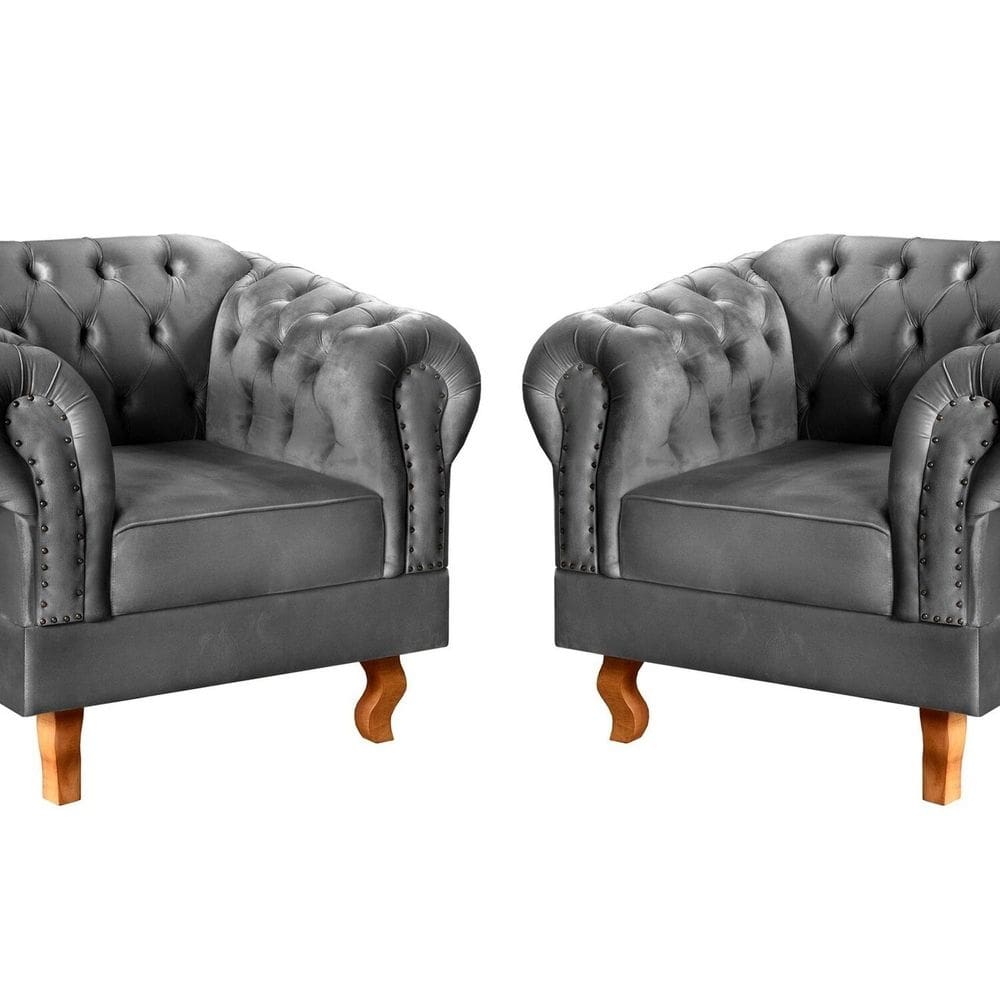 Conjunto 2 Poltronas Chesterfield Dom Pedro Decoração Sala Recepção Retrô Cinza grafite