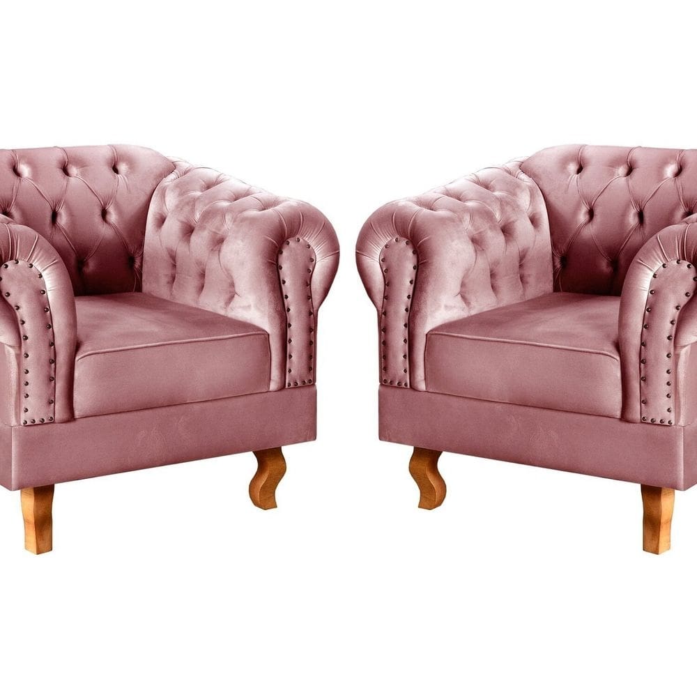 Conjunto 2 Poltronas Chesterfield Dom Pedro Decoração Sala Recepção Retrô Rose