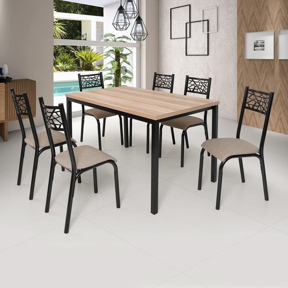 Conjunto Jade Flex 1,36m Tampo Laminado com 6 Cadeiras Preto Fosco/Bege/Carvalho