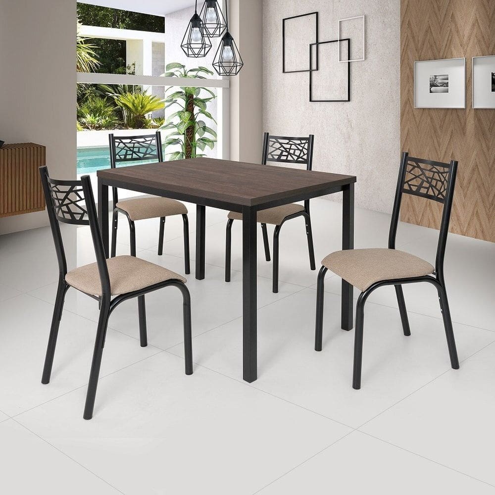Conjunto Jade Flex 1,10m Tampo Laminado com 4 Cadeiras Preto Fosco/Linho Bege/Amendoa