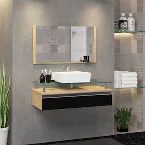 Conjunto Gabinete Banheiro 60cm Ametista Freijó/Preto