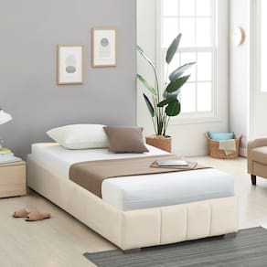 Cama Solteiro Estofada sem Cabeceira Uvaia Cabecasa Madeiramadeira Bege