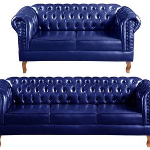 Sofá 2 e 3 Lugares Decoração Sala Recepção Retrô Dom Pedro Azul