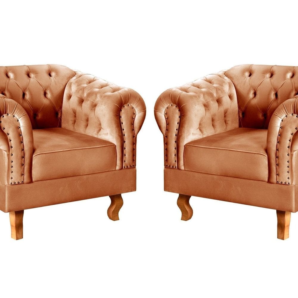 Conjunto 2 Poltronas Chesterfield Dom Pedro Decoração Sala Recepção Retrô Terracota