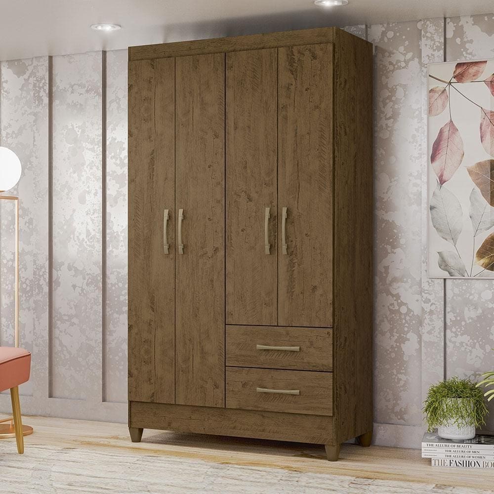 Guarda Roupa Solteiro 4 portas 2 gavetas Chile Castanho Wood - Moval